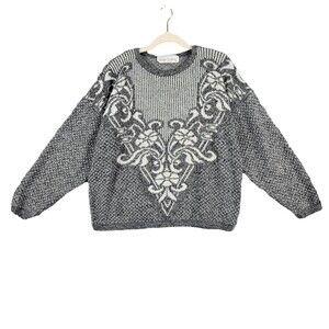 Vintage KATE COLLINS Gray & White Floral Grandmacore Pullover Sweater USA SIZE L